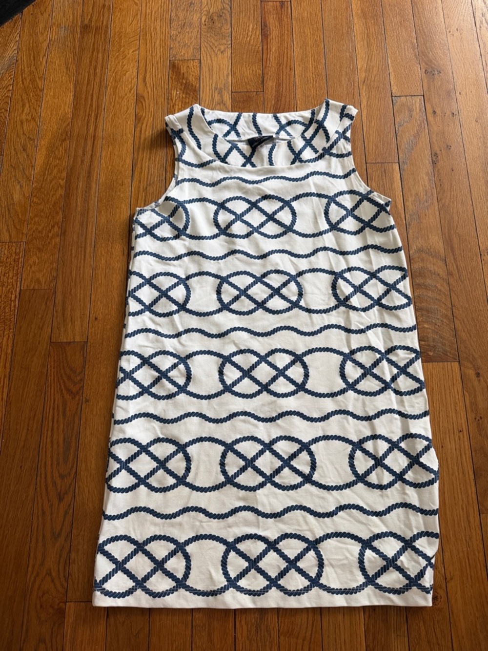 Sleeveless White Mini Dress with Navy Rope Pattern